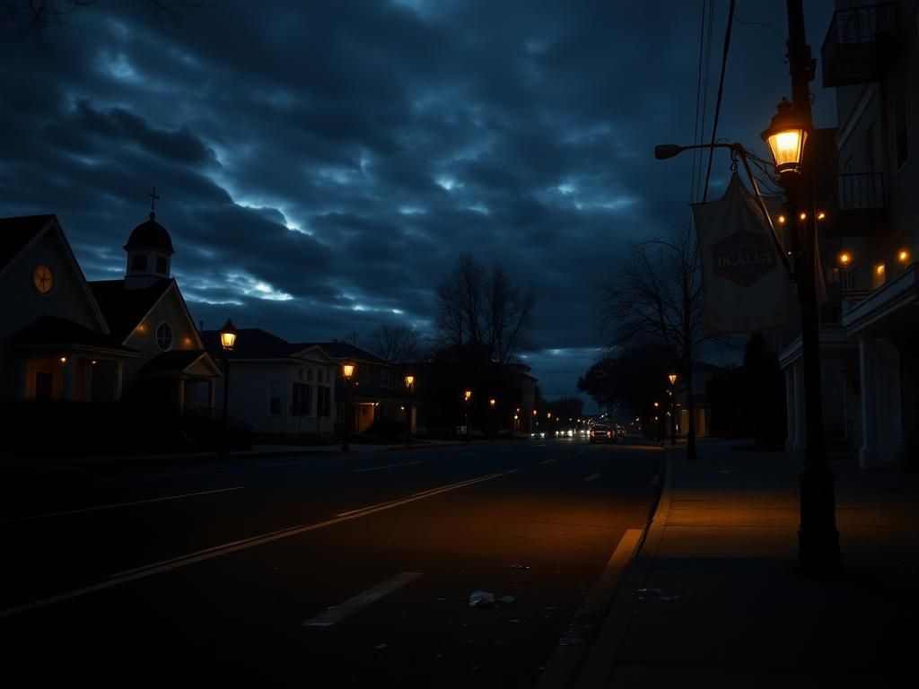 Flick International Somber twilight scene of a quiet city street lined with synagogues and community centers reflecting Jewish culture.