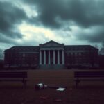 Flick International A somber view of Harvard Law School under dark clouds
