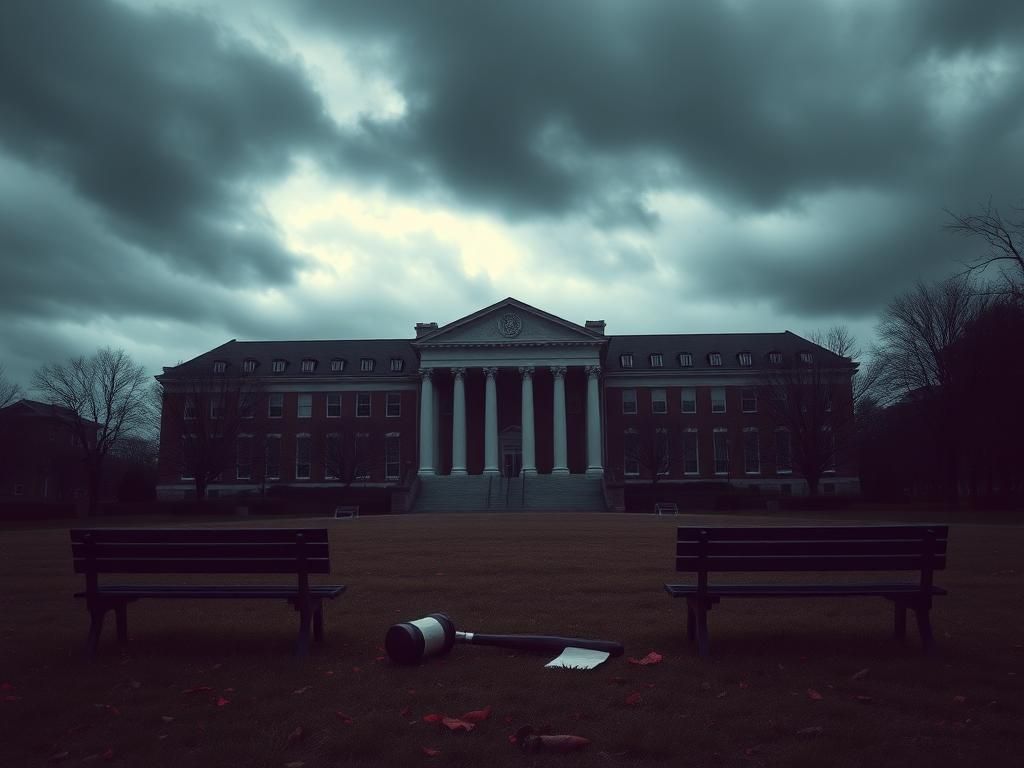 Flick International A somber view of Harvard Law School under dark clouds