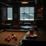 Flick International Dimly lit bar scene with empty tables and a weathered pool table