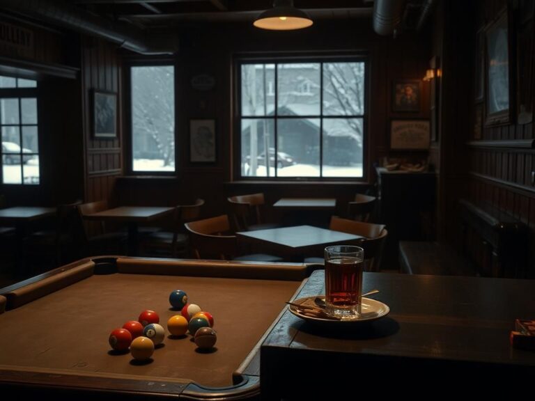 Flick International Dimly lit bar scene with empty tables and a weathered pool table