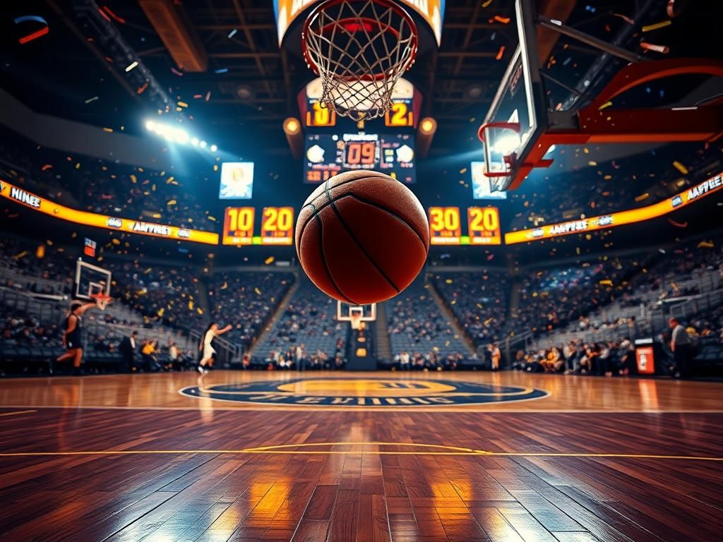 Flick International Dramatic basketball court scene with a game ball in mid-air during the Pacers' final seconds comeback against the Thunder
