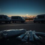 Flick International Dimly lit parking lot with abandoned vans and scattered meth bundles