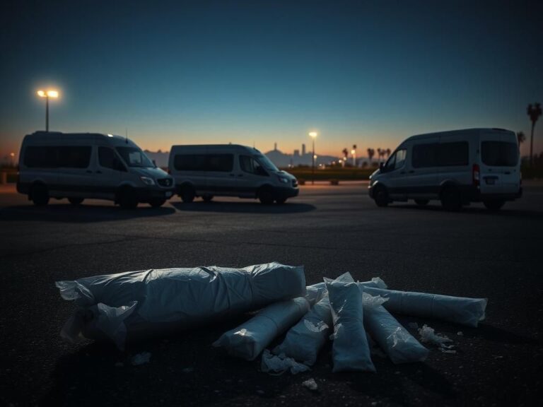 Flick International Dimly lit parking lot with abandoned vans and scattered meth bundles
