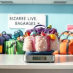 Flick International A whimsical airline check-in counter scene with colorful duffel bags, including a fluffy bag packed with vibrant souvenirs.