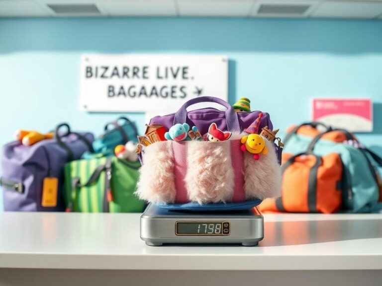 Flick International A whimsical airline check-in counter scene with colorful duffel bags, including a fluffy bag packed with vibrant souvenirs.
