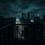 Flick International Dimly lit urban balcony overlooking a city skyline at night, evoking a sense of tension.