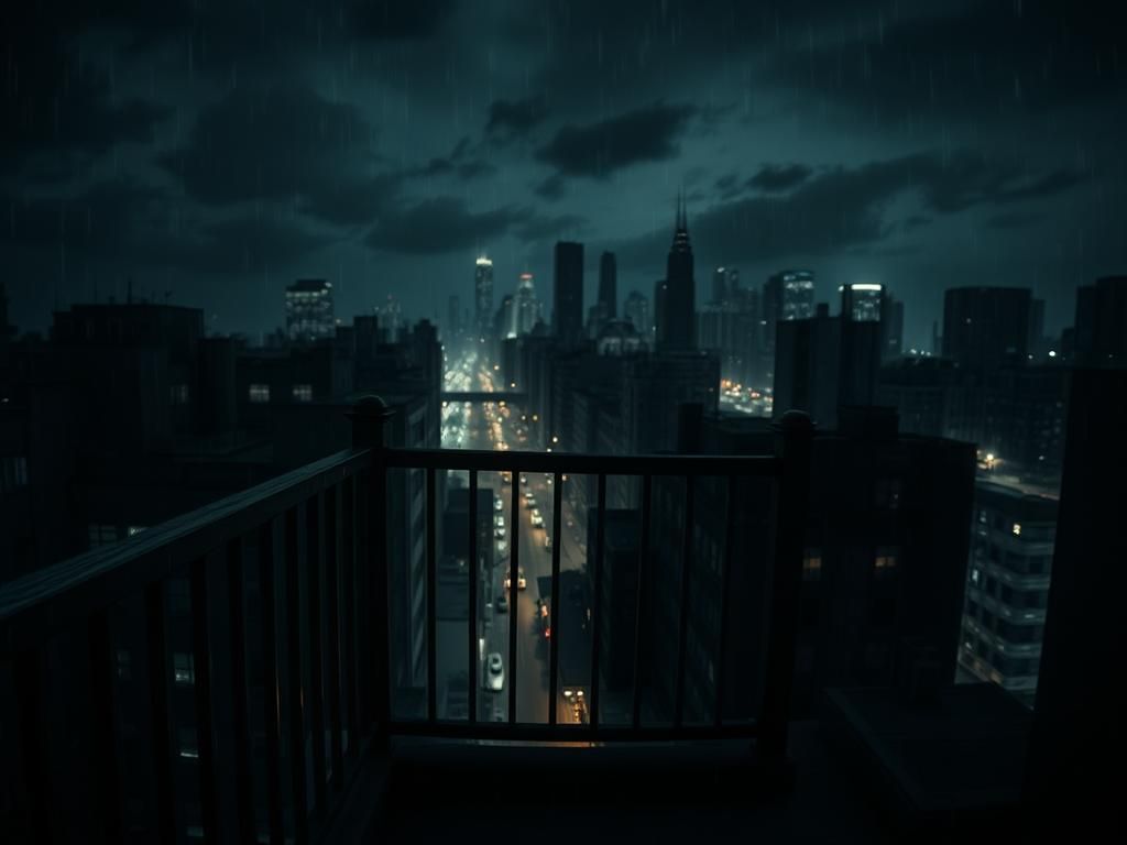 Flick International Dimly lit urban balcony overlooking a city skyline at night, evoking a sense of tension.