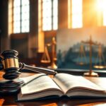 Flick International Empty gavel and open legal books in a grand courtroom symbolizing justice and hope