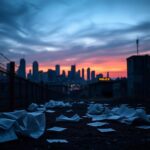 Flick International Urban landscape at twilight with city skyline and heavy rusted metal wall symbolizing sanctuary city challenges