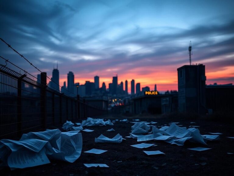 Flick International Urban landscape at twilight with city skyline and heavy rusted metal wall symbolizing sanctuary city challenges