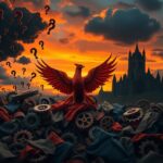 Flick International Abstract representation of a phoenix rising amidst chaos, symbolizing the Democratic Party's struggle for a strong candidate.