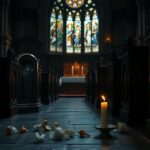 Flick International Dimly lit interior of a Catholic church with empty tabernacle and Eucharistic hosts symbolizing desecration
