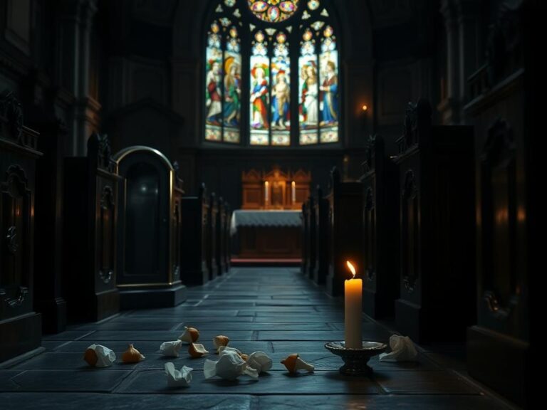 Flick International Dimly lit interior of a Catholic church with empty tabernacle and Eucharistic hosts symbolizing desecration