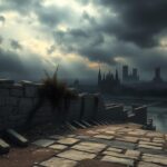 Flick International Atmospheric scene of an ancient, crumbling city symbolizing resistance and revolution