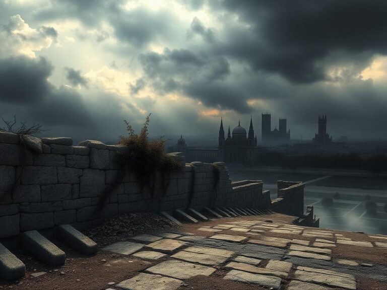 Flick International Atmospheric scene of an ancient, crumbling city symbolizing resistance and revolution