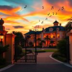 Flick International Luxurious estate entrance gate with sunset backdrop symbolizing Jimmy Buffett's legacy