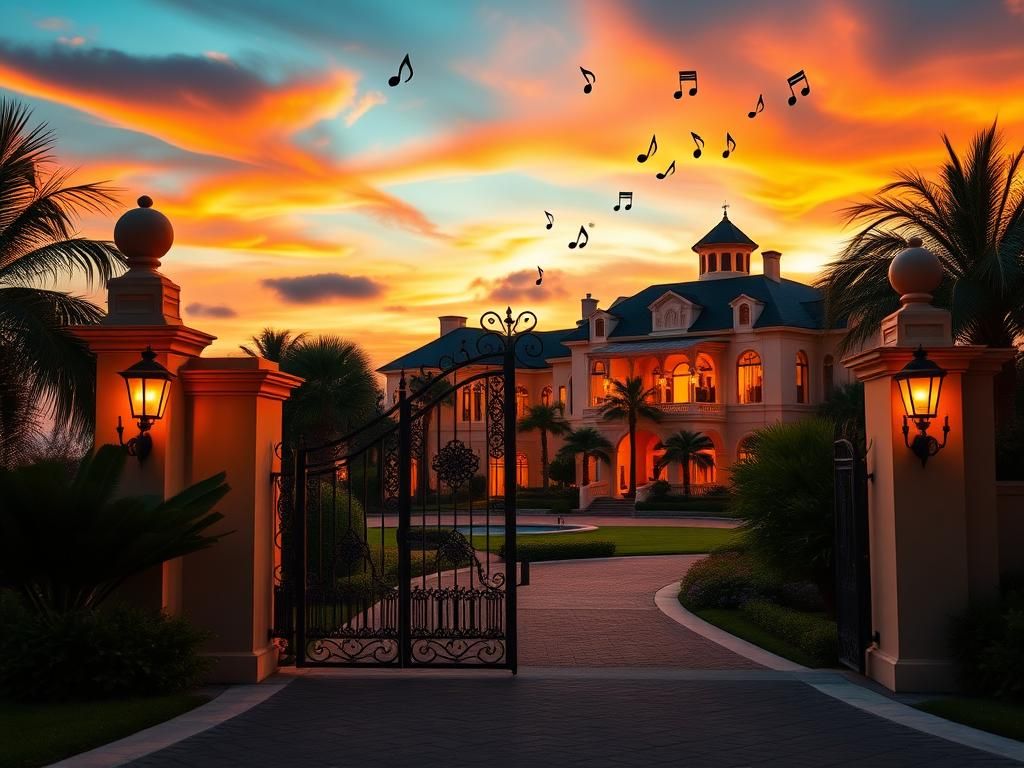 Flick International Luxurious estate entrance gate with sunset backdrop symbolizing Jimmy Buffett's legacy