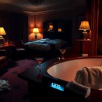 Flick International Opulent hotel room with dark velvet furniture and an ominous atmosphere