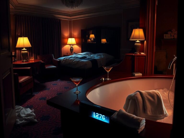 Flick International Opulent hotel room with dark velvet furniture and an ominous atmosphere