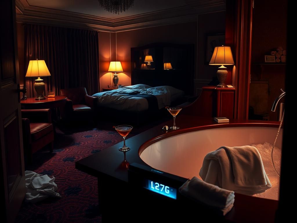 Flick International Opulent hotel room with dark velvet furniture and an ominous atmosphere