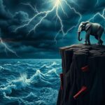 Flick International Elephant symbolizing the GOP standing on a crumbling cliff over turbulent waters