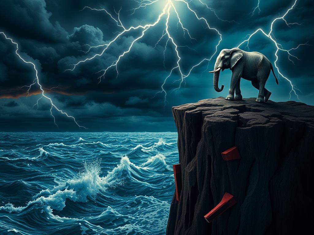 Flick International Elephant symbolizing the GOP standing on a crumbling cliff over turbulent waters
