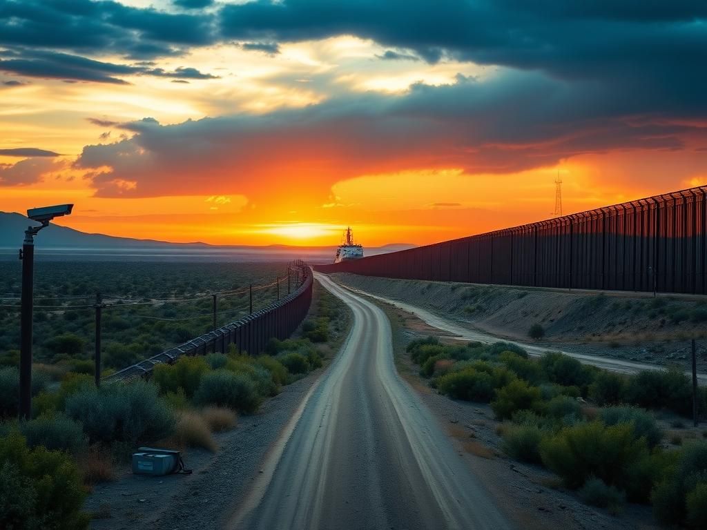 Flick International A secure southern border landscape showcasing a recently built border wall at sunset