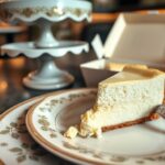 Flick International Close-up of a half-eaten slice of cheesecake on a decorative plate with a smaller slice in a take-out box