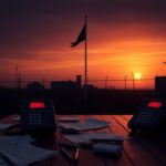 Flick International A wooden table filled with papers and a glowing telephone at a military base during sunset.