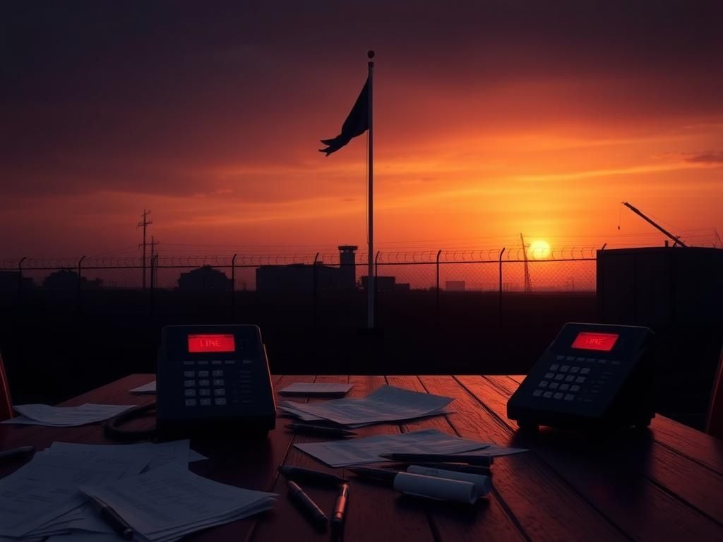 Flick International A wooden table filled with papers and a glowing telephone at a military base during sunset.