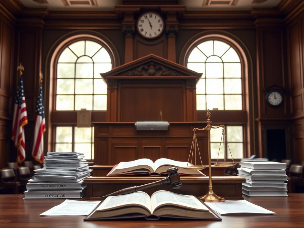 Flick International A courtroom scene with a wooden judge's bench and gavel, symbolizing judicial authority