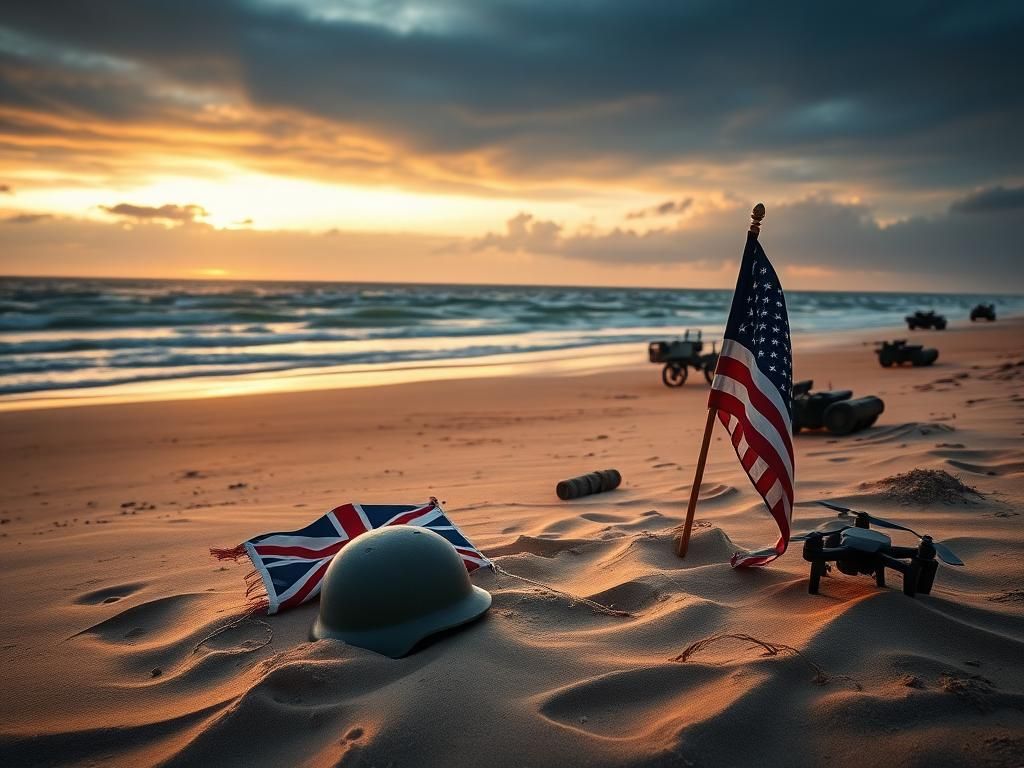 Flick International Dawn sky over Normandy beaches with military helmet and flags