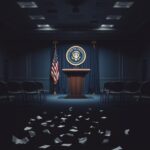 Flick International Darkened empty White House press briefing room with rows of vacant chairs and spotlight on podium