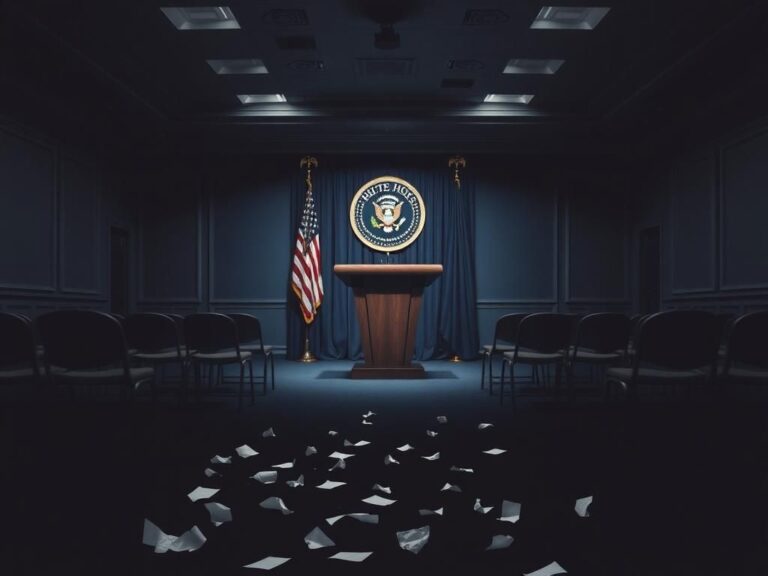 Flick International Darkened empty White House press briefing room with rows of vacant chairs and spotlight on podium