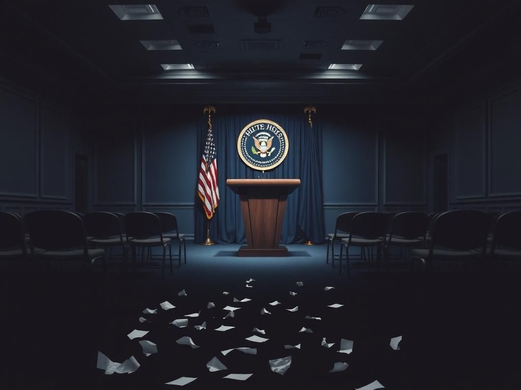 Flick International Darkened empty White House press briefing room with rows of vacant chairs and spotlight on podium