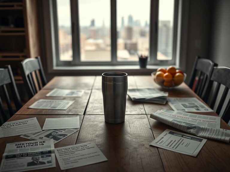 Flick International An empty kitchen table with a half-empty Yeti cup, symbolizing elite vs everyday concerns