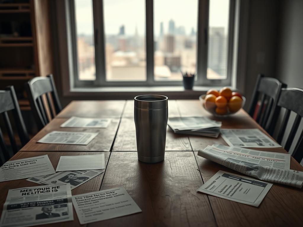 Flick International An empty kitchen table with a half-empty Yeti cup, symbolizing elite vs everyday concerns