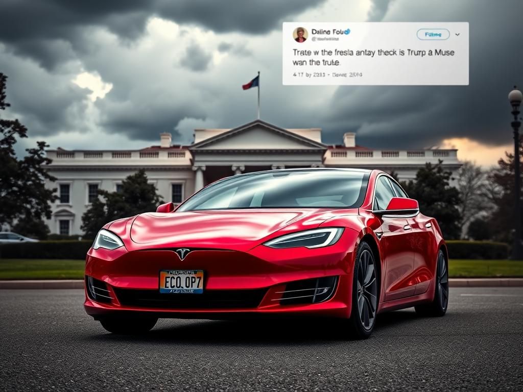 Flick International A red Tesla parked outside the White House under a cloudy sky