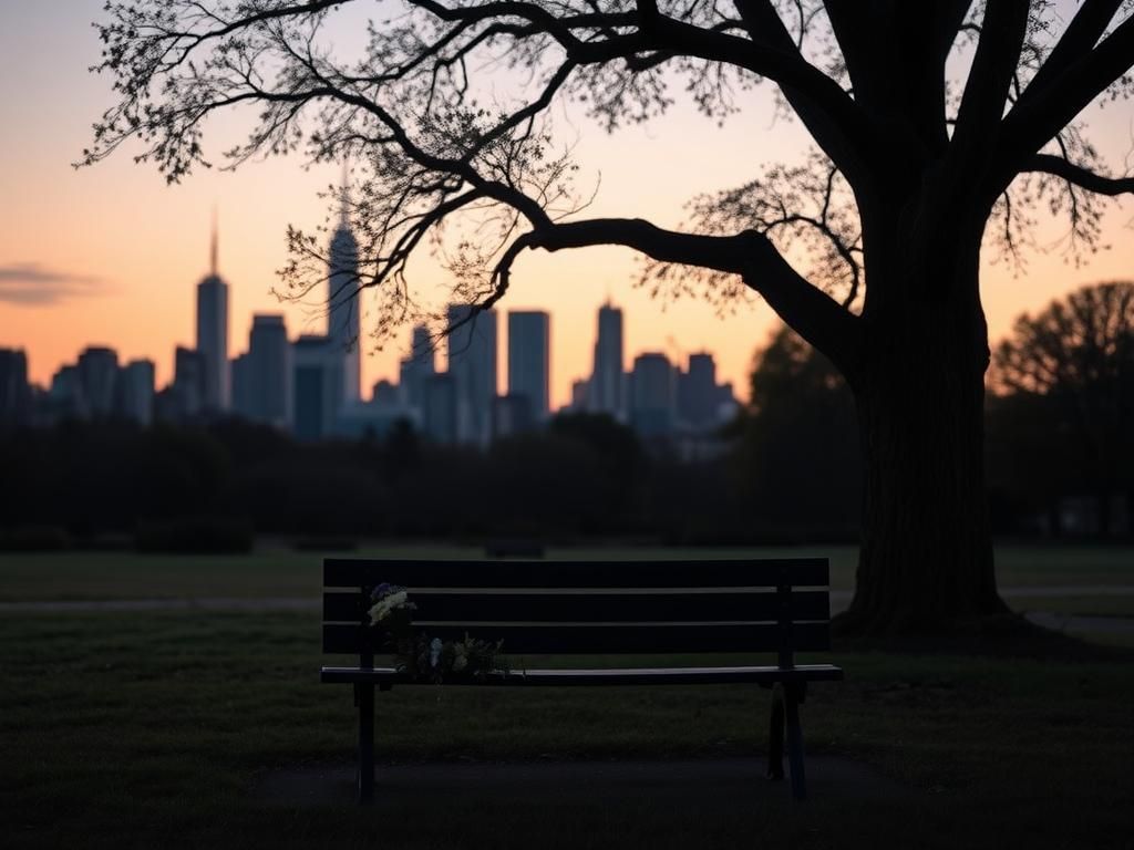 Flick International Sunset over New York City skyline with an empty park bench and wildflowers