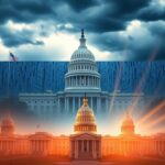 Flick International Conceptual image of federal and state buildings contrasting AI technology regulation