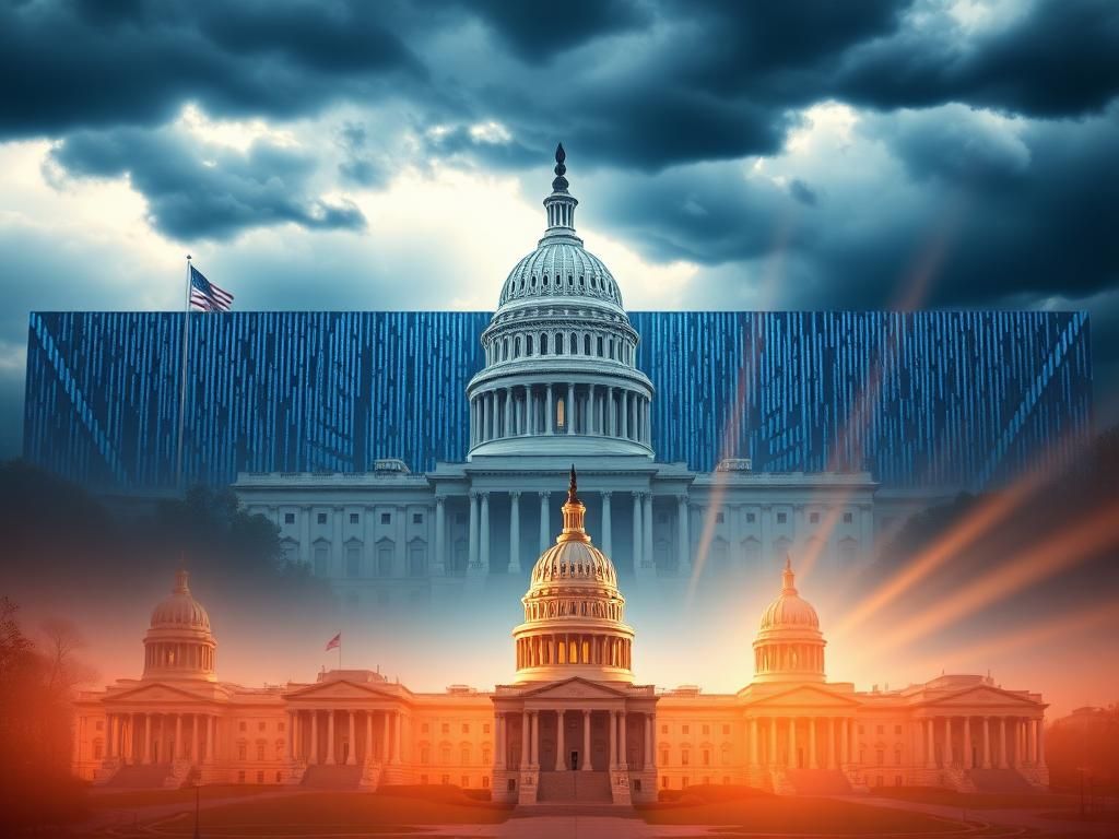 Flick International Conceptual image of federal and state buildings contrasting AI technology regulation