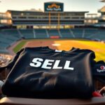 Flick International Close-up of a black t-shirt with 'SELL' text on a baseball stadium seat