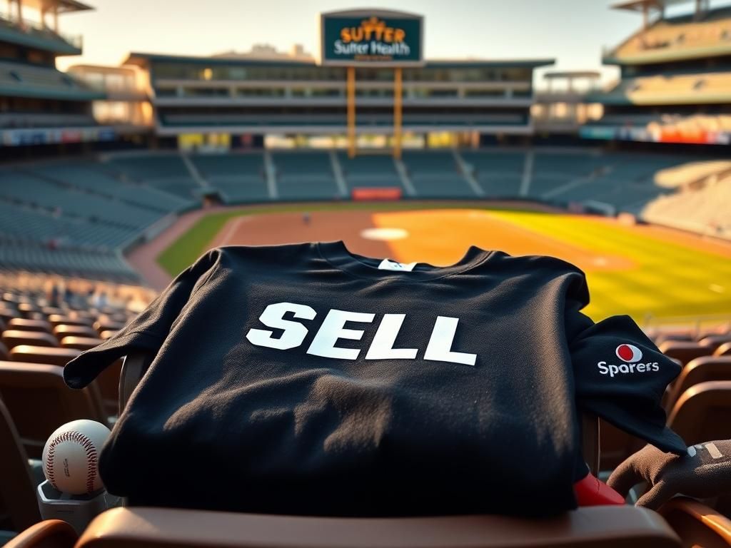 Flick International Close-up of a black t-shirt with 'SELL' text on a baseball stadium seat