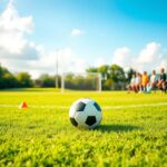 Flick International A sunlit soccer field with a soccer ball on vibrant green grass, symbolizing teamwork and youth sports.