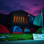 Flick International Campus scene at dusk near Columbia University with empty protest encampment