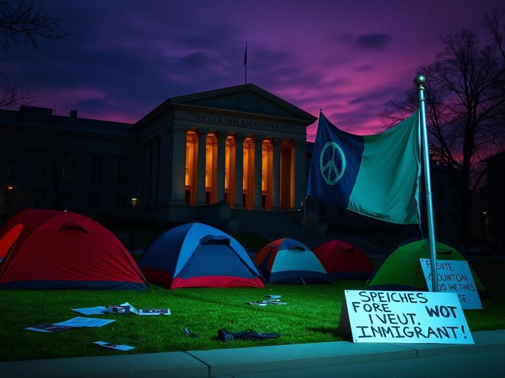 Flick International Campus scene at dusk near Columbia University with empty protest encampment