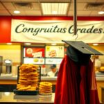 Flick International Graduation cap and gown displayed over a Burger King uniform in a fast-food restaurant setting