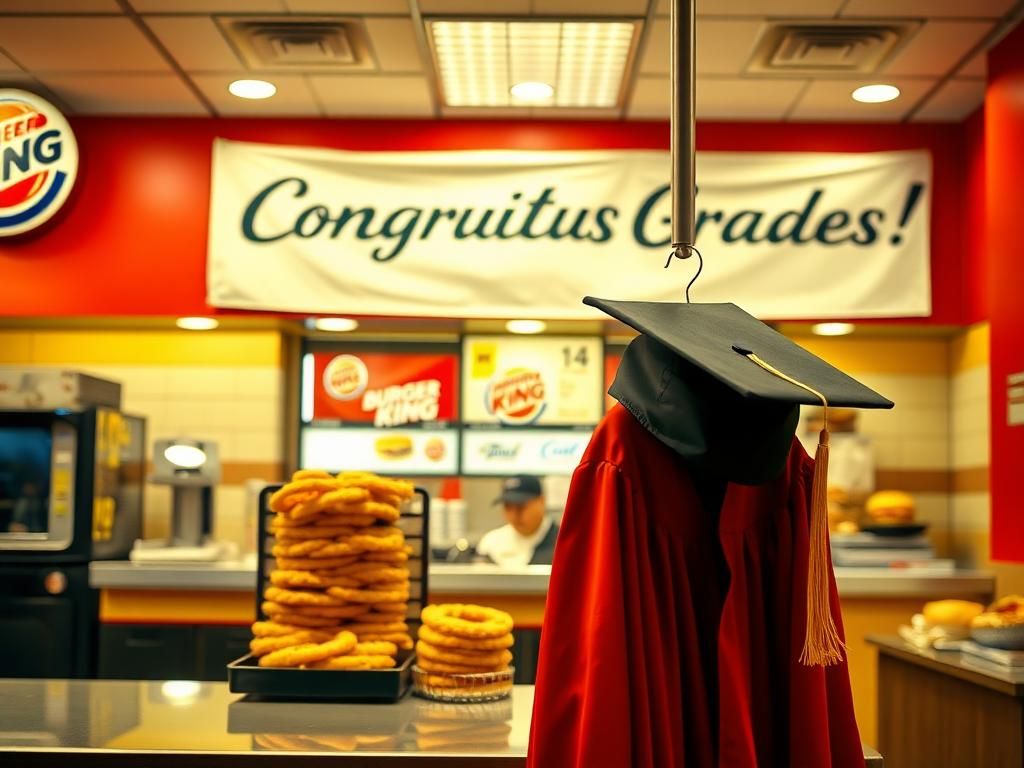 Flick International Graduation cap and gown displayed over a Burger King uniform in a fast-food restaurant setting