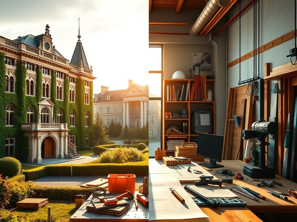 Flick International Split image depicting contrasting educational pathways: a prestigious university campus and a dynamic trade school environment.